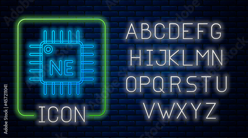 Glowing neon Computer processor with microcircuits CPU icon isolated on brick wall background. Chip or cpu with circuit board. Micro processor. Neon light alphabet. Vector