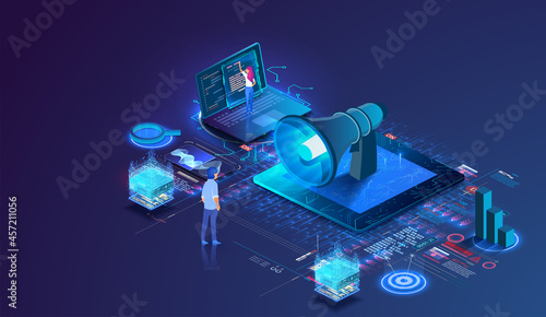 Action with a megaphone. A large speaker, the promoter speaks to people. Transfer of important information through social networks. A public relations platform. Vector isometric illustration.
