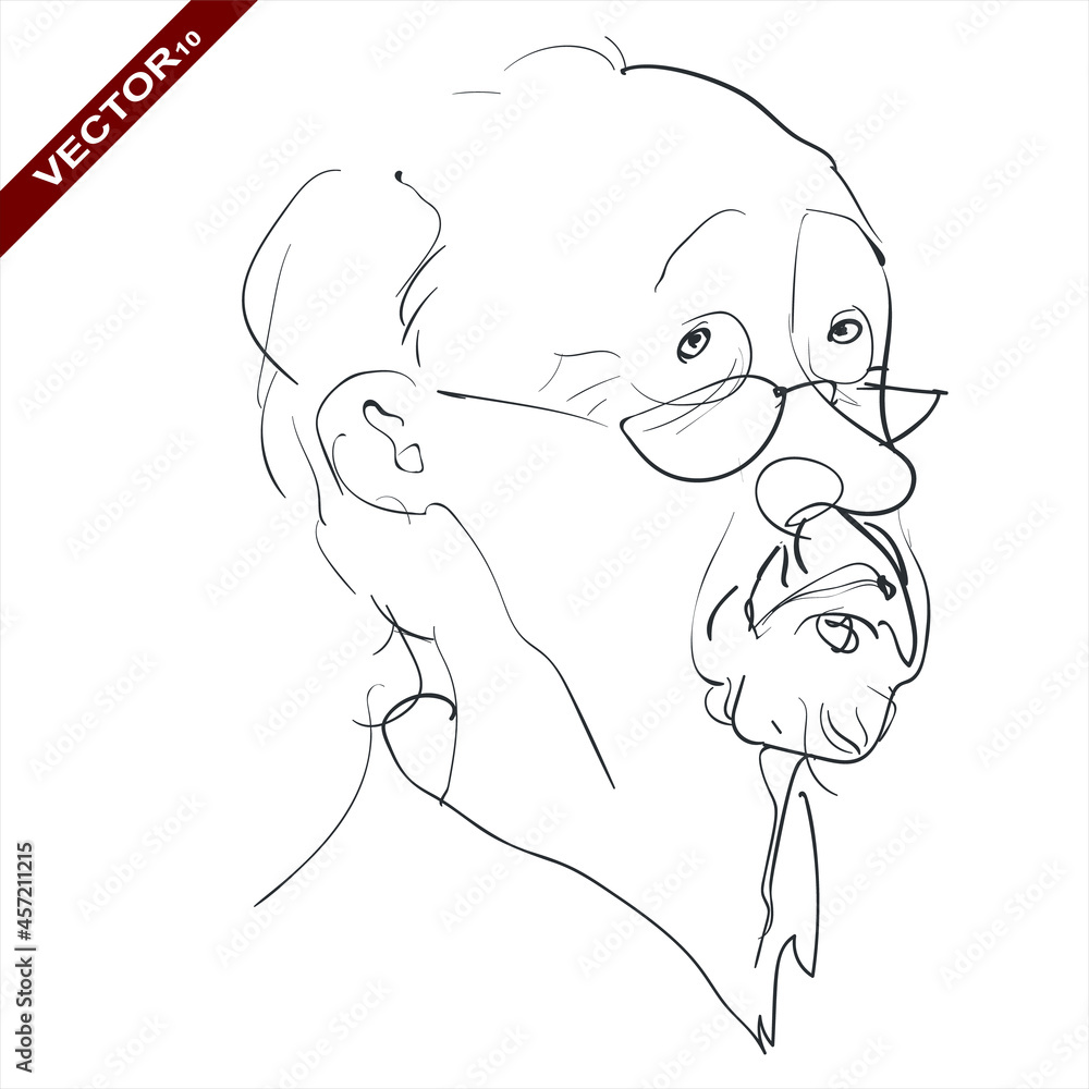 Linear, vector drawing by hand. A sketch, an abstract face, of a sad and confused elderly man with glasses. Linear, vector drawing by hand. A sketch, an abstract face, of a sad and confused elderly man with glasses.