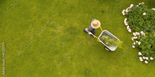 Foto A professional gardener is carrying a wheelbarrow full of grass