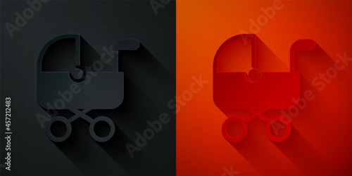 Paper cut Baby stroller icon isolated on black and red background. Baby carriage, buggy, pram, stroller, wheel. Paper art style. Vector
