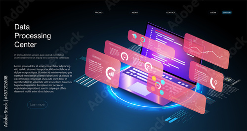 Program development and programming isometric icon, database, cloud computing,laptop Connection concept. Big data digital background.Network digital technology concept.Big data flow processing concept