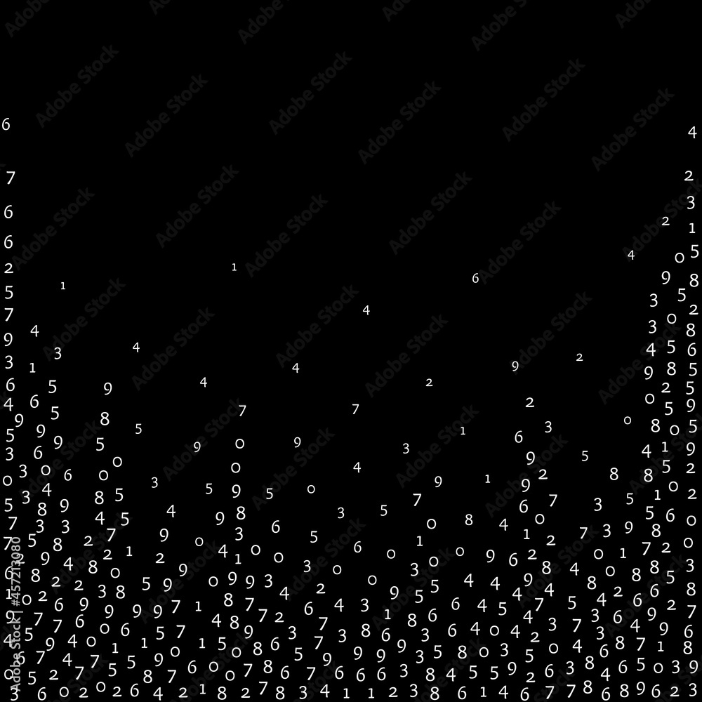 Falling numbers, big data concept. Binary white orderly flying digits. Alive futuristic banner on black background. Digital vector illustration with falling numbers. Falling numbers, big data concept. Binary white orderly flying digits. Alive futuristic banner on black background. Digital vector illustration with falling numbers.