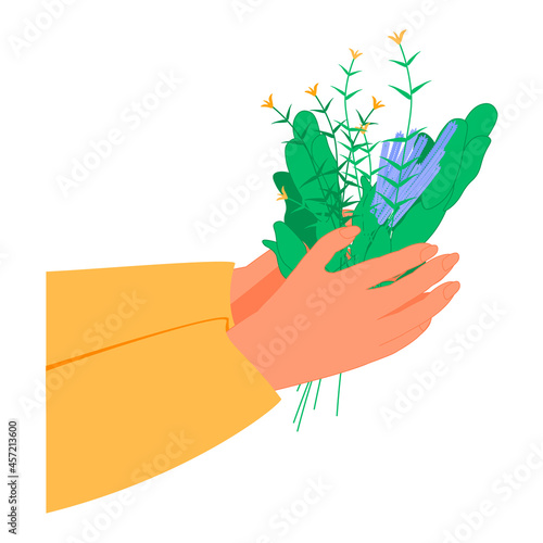 Herbal medicine as alternative homeopathy for healthcare tiny person concept. Nature plant and flowers healing power and usage in health treatment, organic cure and aromatherapy vector illustration.