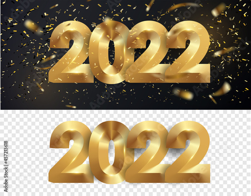 Iron figures happy new year 2022! Elegant golden text. Vector illustration of a greeting with golden numbers and fireworks. Party poster, banner or invitation, golden sparkling confetti. Christmas.