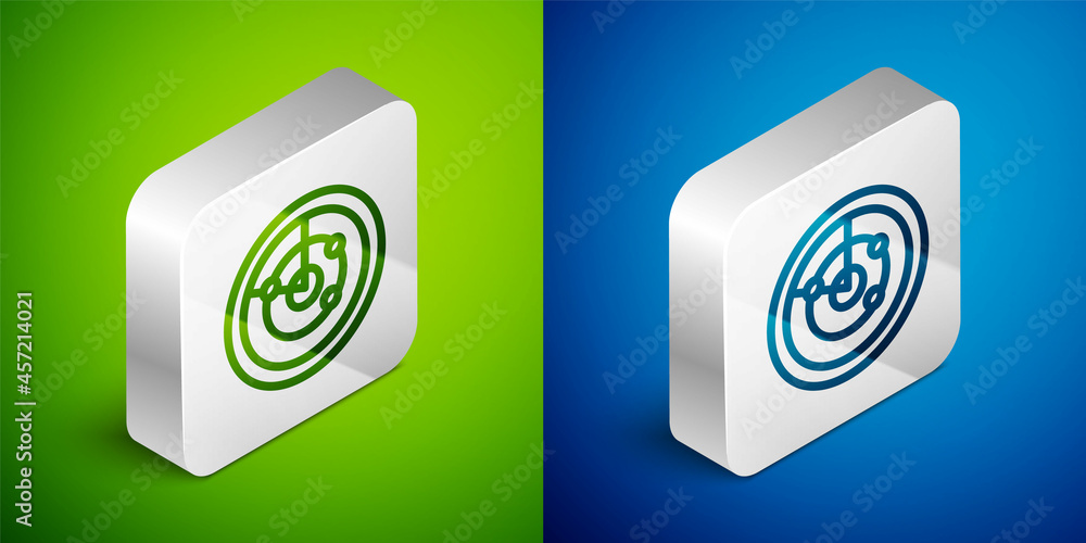 Isometric line Radar with targets on monitor in searching icon isolated on green and blue background. Search system. Navy sonar. Silver square button. Vector Isometric line Radar with targets on monitor in searching icon isolated on green and blue background. Search system. Navy sonar. Silver square button. Vector