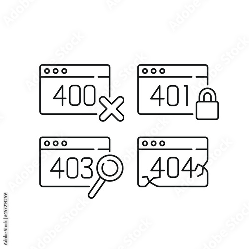 Website error linear icons set. Thin line customizable illustration. Contour symbol. Vector isolated outline drawing. Editable stroke