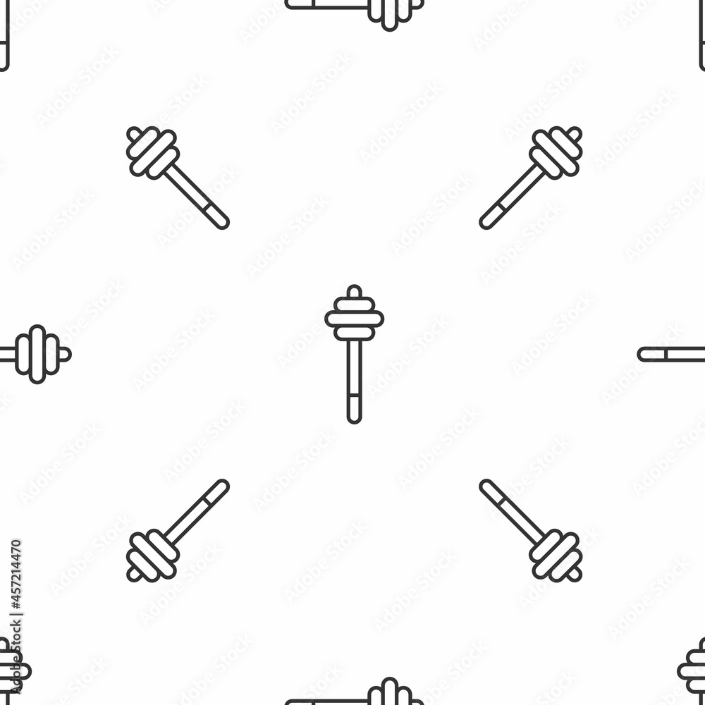 Grey line Honey dipper stick icon isolated seamless pattern on white background. Honey ladle. Vector Grey line Honey dipper stick icon isolated seamless pattern on white background. Honey ladle. Vector