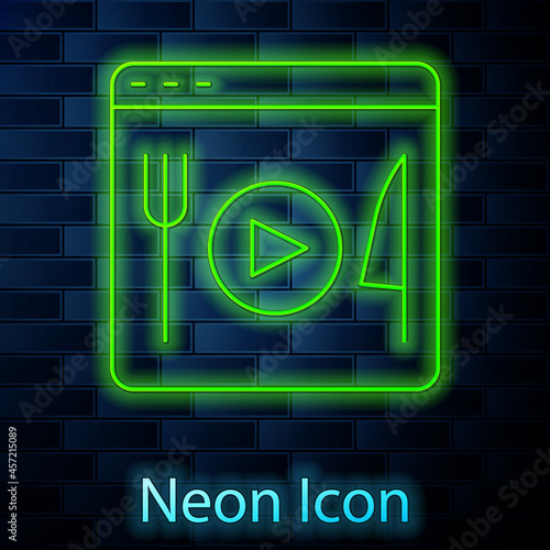 Glowing neon line Cooking live streaming icon isolated on brick wall background. Vector
