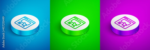 Isometric line UI or UX design icon isolated on blue, green and purple background. White circle button. Vector