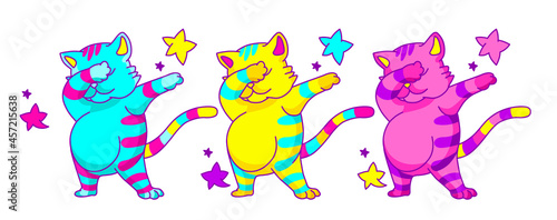 Dabbing cat Vector illustration. Acid color illustration for crazy concept.Trendy t-shirt template, vibrant funny illustration.