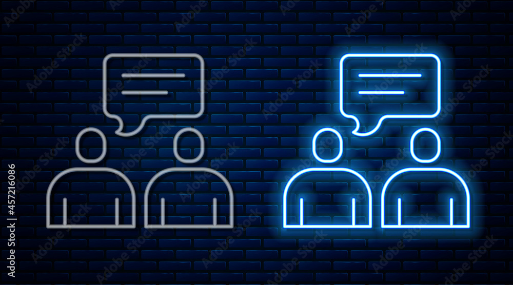 Glowing neon line Two sitting men talking icon isolated on brick wall background. Speech bubble chat. Message icon. Communication or comment chat symbol. Vector Glowing neon line Two sitting men talking icon isolated on brick wall background. Speech bubble chat. Message icon. Communication or comment chat symbol. Vector