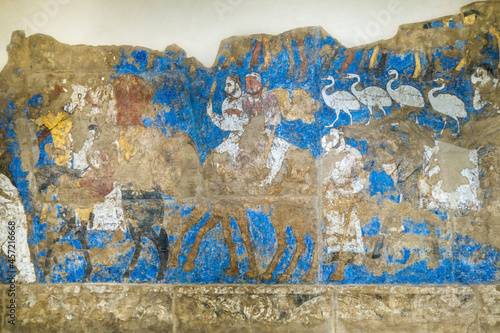 Fotografie A 7-8 century fresco from Central Asia depicting journey of nobility on camels