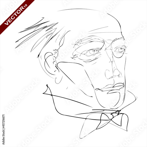 Linear, vector drawing by hand. A sketch, an abstract face of an elderly man in a bow tie.