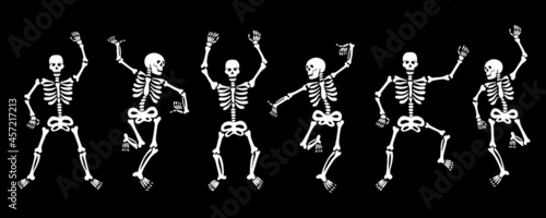 Set of vector illustrations of white graphic skeletons dancing energetically and having fun isolated on black background