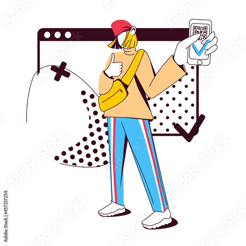 Modern fashionable girl demonstrates smartphone with QR code and gesture like - concept of go to browser, to documents by qr-code. Hip hop style in clothes.