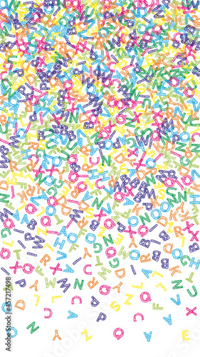 Falling letters of English language. Colorful sketch flying words of Latin alphabet. Foreign languages study concept. Remarkable back to school banner on white background.