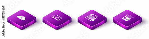 Set Isometric Cryptocurrency cloud mining, Mining with laptop and pickaxe, Smart contract and wallet icon. Vector