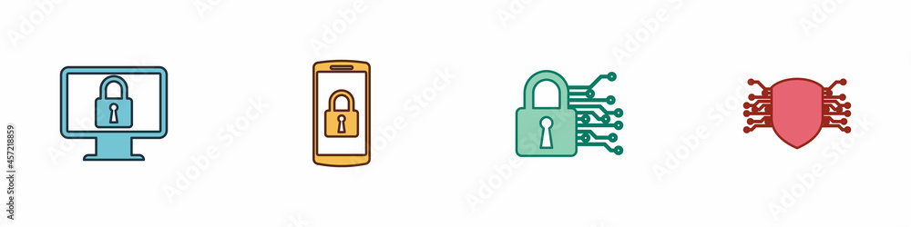Set Lock on monitor, Smartphone with lock, Cyber security and icon. Vector Set Lock on monitor, Smartphone with lock, Cyber security and icon. Vector
