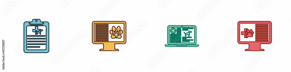 Fototapeta premium Set Clinical record pet, on monitor, dog laptop and icon. Vector