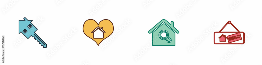 Set House with key, heart shape, Search house and Hanging sign Sold icon. Vector Set House with key, heart shape, Search house and Hanging sign Sold icon. Vector