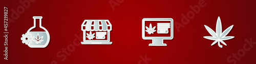 Set Test tube with marijuana, Online buying, and Marijuana or cannabis leaf icon. Vector