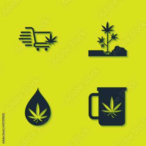 Set Shopping cart with marijuana, Cup tea, Marijuana or cannabis leaf oil and Planting icon. Vector