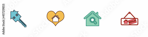 Set House with key, heart shape, Search house and Hanging sign Sold icon. Vector © vector_v