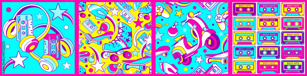 Retro wave 90s Seamless Pattern. Colorful nostalgia Background Wallpaper Retro wave 90s Seamless Pattern. Colorful nostalgia Background Wallpaper