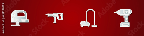 Set Electric jigsaw, Rotary hammer drill machine, Vacuum cleaner and cordless screwdriver icon. Vector