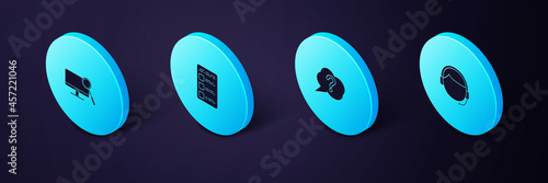 Set Isometric Man with a headset, Speech bubble Question, Create account screen mobile and Computer monitor diagnostics icon. Vector