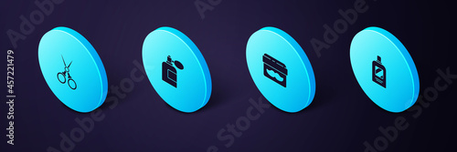 Set Isometric Bottle of shampoo, Cream or lotion cosmetic jar, Aftershave bottle with atomizer and Scissors hairdresser icon. Vector