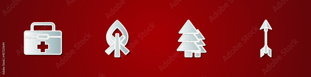 Set First aid kit, Campfire, Tree and Hipster arrow icon. Vector Set First aid kit, Campfire, Tree and Hipster arrow icon. Vector