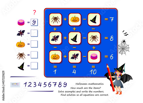 Halloween math logic puzzle game for smartest. How much are the items? Solve examples and write the numbers. Find solution so all equations are correct. Brain teaser book. Developing counting skills.