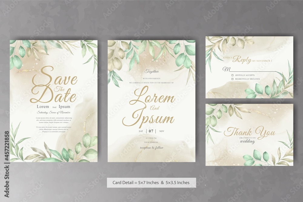 Beautiful Wedding Invitation Card Template with Watercolor Hand Drawn Foliage