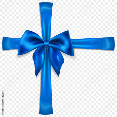 Fotografie Beautiful blue bow with crosswise ribbons with shadow, isolated on transparent background