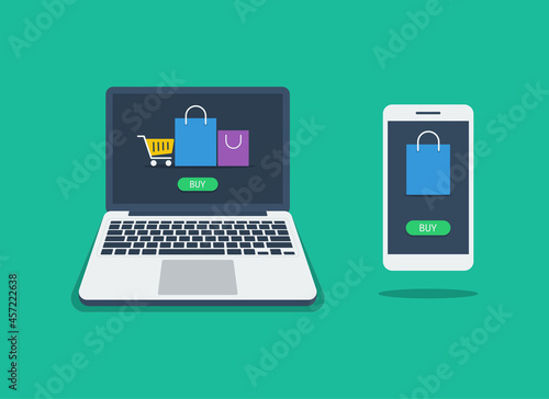 Ecommerce illustration. Laptop and smartphone with shopping bag icon. Flat vector suitable for many purposes. © Abdulloh