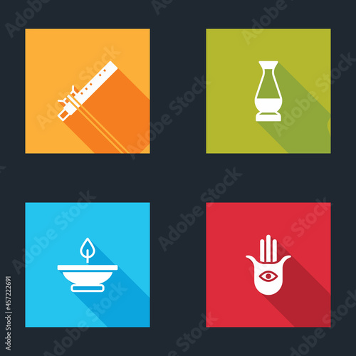 Set Bamboo flute indian, Indian vase, Aroma lamp and Hamsa hand icon. Vector