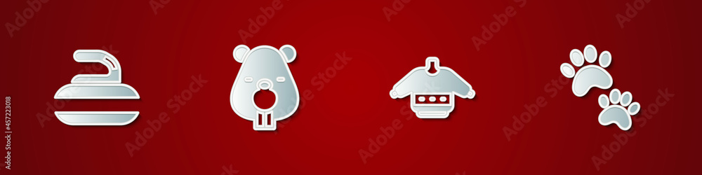 Set Stone for curling, Beaver animal, Christmas sweater and Paw print icon. Vector Set Stone for curling, Beaver animal, Christmas sweater and Paw print icon. Vector