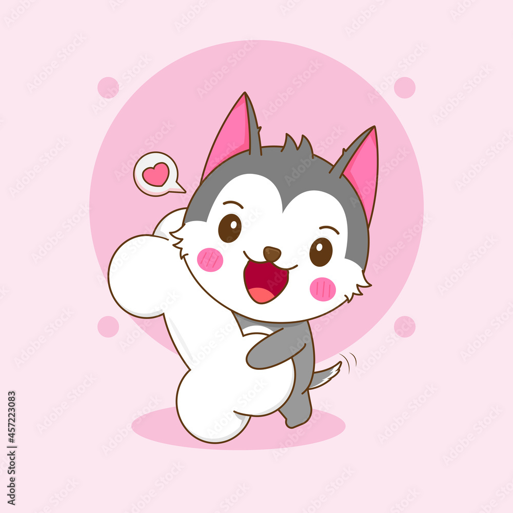 Cartoon illustration of cute husky character with big bone Cartoon illustration of cute husky character with big bone