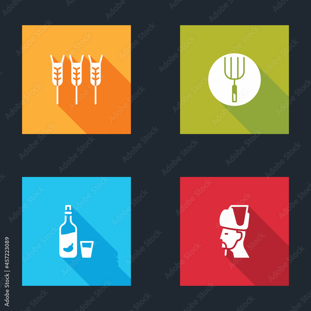 Set Wheat, Garden pitchfork, Vodka with pepper and glass and Ukrainian cossack icon. Vector Set Wheat, Garden pitchfork, Vodka with pepper and glass and Ukrainian cossack icon. Vector
