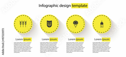Set Wheat, Ukrainian trident, Dumplings on fork and Church tower. Business infographic template. Vector