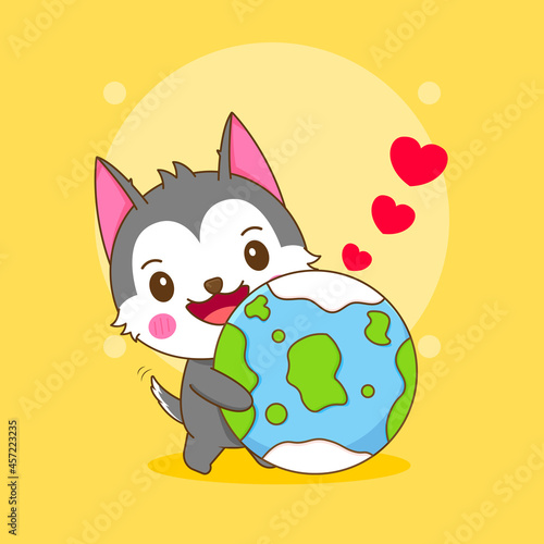 Cartoon illustration of cute husky character hugging earth