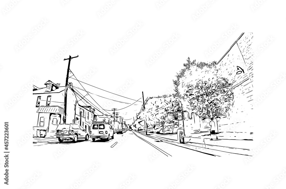 Obraz premium Building view with landmark of Lancaster is the city in Pennsylvania. Hand drawn sketch illustration in vector.