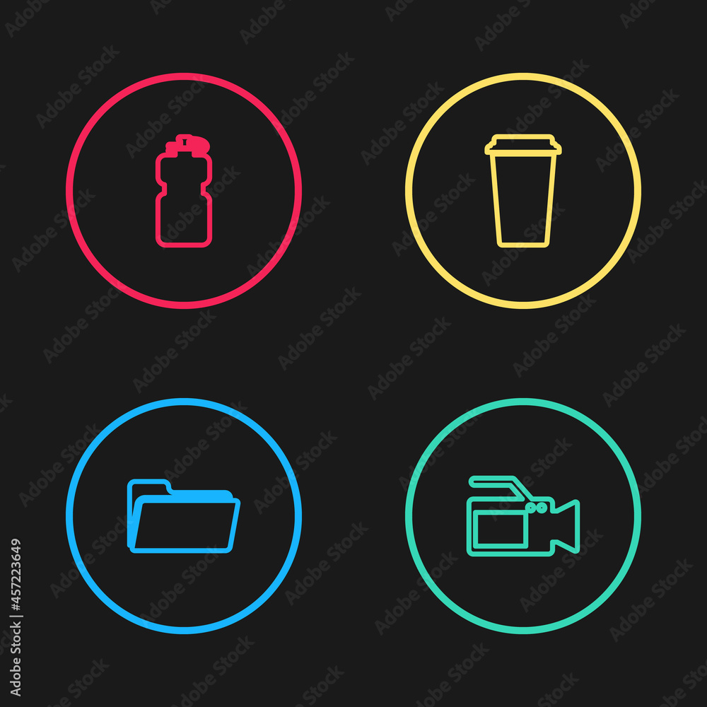 Set line Folder, Cinema camera, Coffee cup and Sport bottle with water icon. Vector Set line Folder, Cinema camera, Coffee cup and Sport bottle with water icon. Vector
