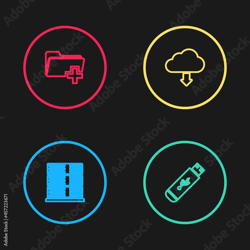 Set line Server, Data, Web Hosting, USB flash drive, Cloud download and Add new folder icon. Vector