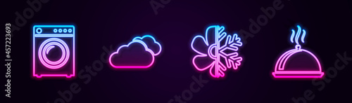 Set line Washer, Cloud, Air conditioner and Covered with tray of food. Glowing neon icon. Vector