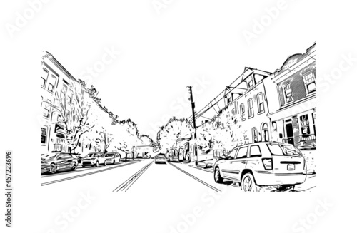 Building view with landmark of Lancaster is the  city in Pennsylvania. Hand drawn sketch illustration in vector.