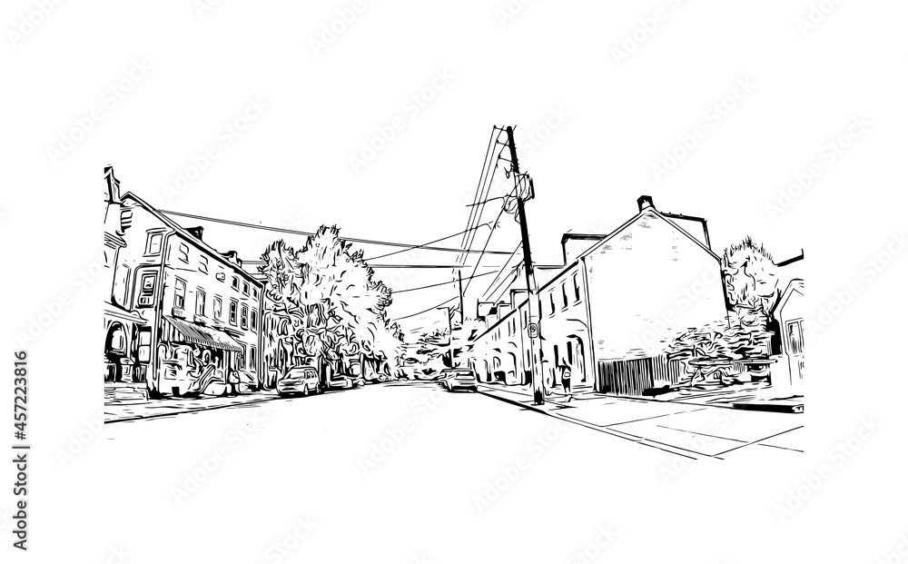 Obraz premium Building view with landmark of Lancaster is the city in Pennsylvania. Hand drawn sketch illustration in vector.