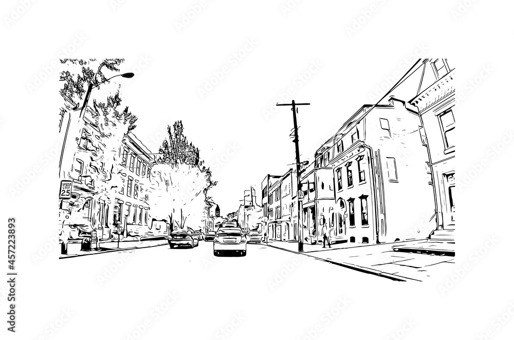 Building view with landmark of Lancaster is the 
city in Pennsylvania. Hand drawn sketch illustration in vector.